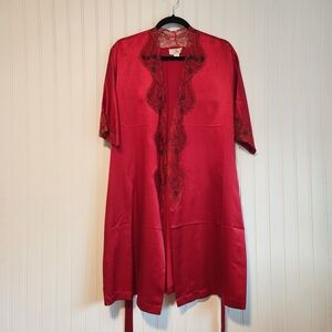 VINTAGE RIA Red 100% Silk Lace Night Robe Cover Up One Size